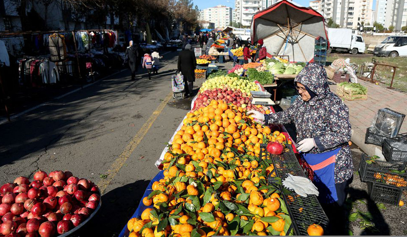 Vendor Hanim Dogan arranges fruits at her stall